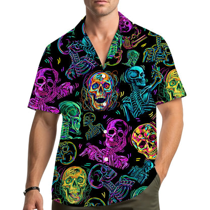 Lifestyle image of someone wearing the neon skull hawaiian shirt