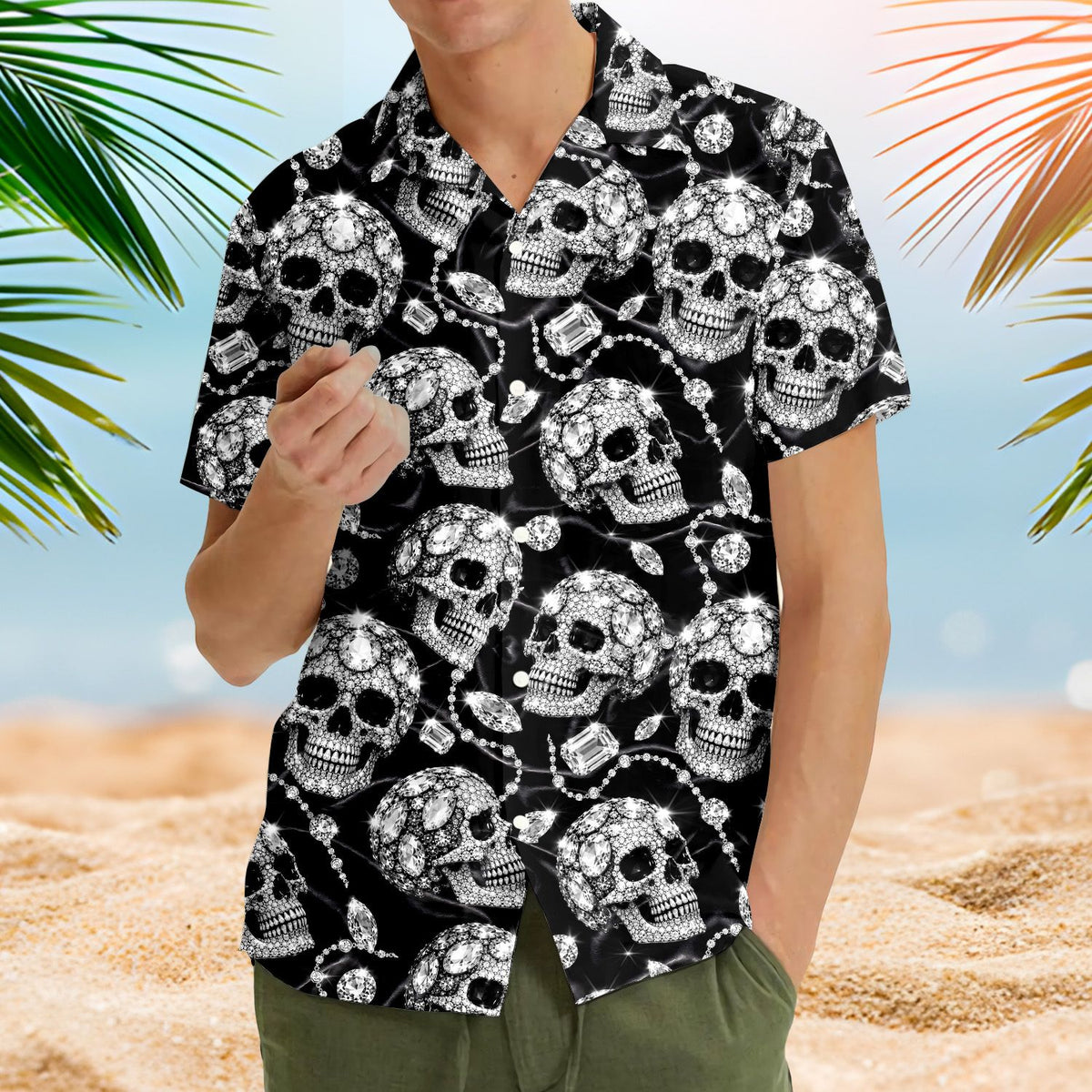 Lifestyle view showing the skull hawaiian shirt worn outdoors