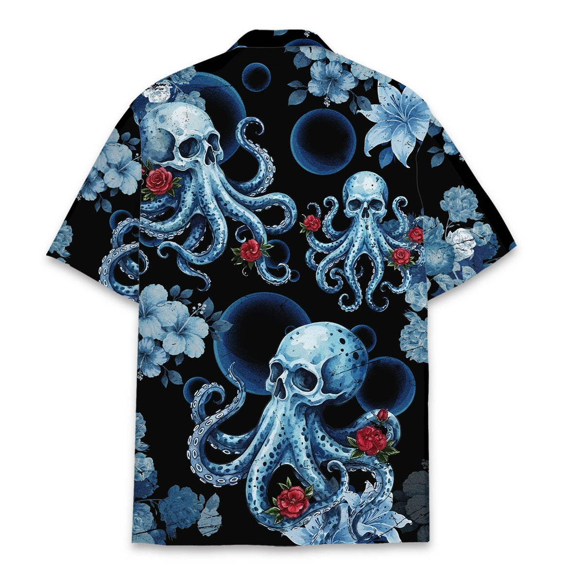 Back view of the skull octopus floral hawaiian shirt