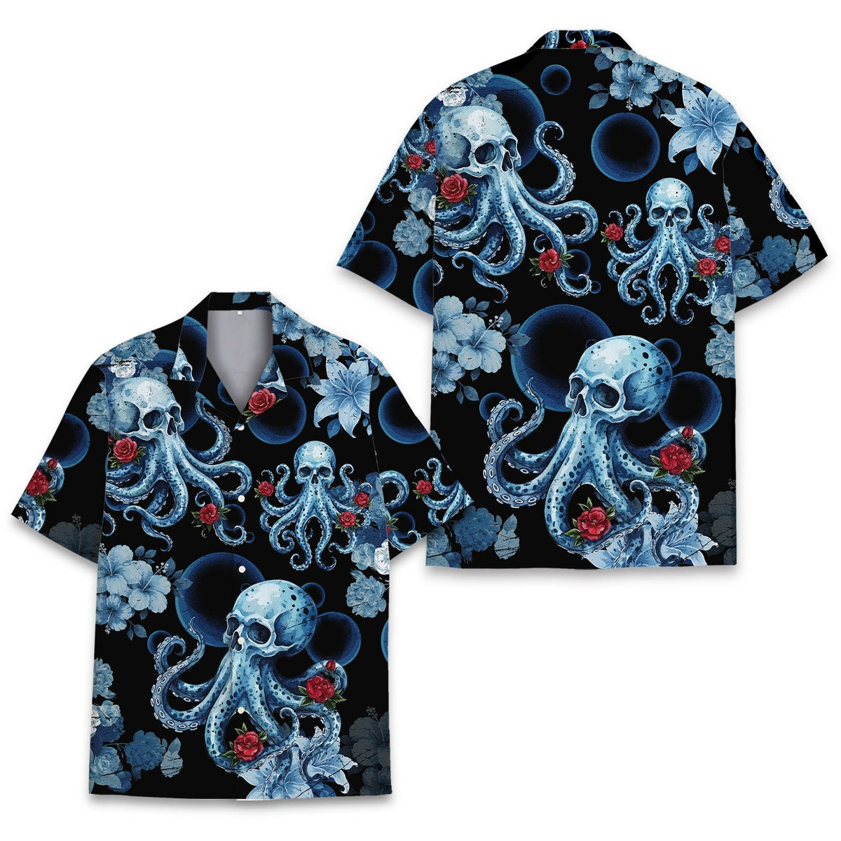 Main view of the skull octopus floral hawaiian shirt featuring blue tentacles and red roses on black
