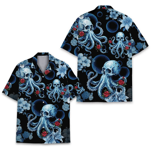 Main view of the skull octopus floral hawaiian shirt featuring blue tentacles and red roses on black