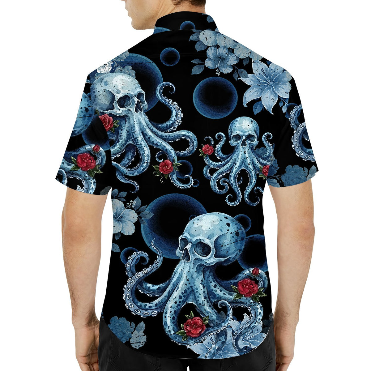 Third lifestyle view of the black skull hawaiian shirt in an outdoor setting
