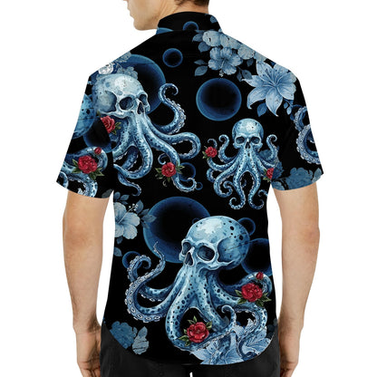 Third lifestyle view of the black skull hawaiian shirt in an outdoor setting