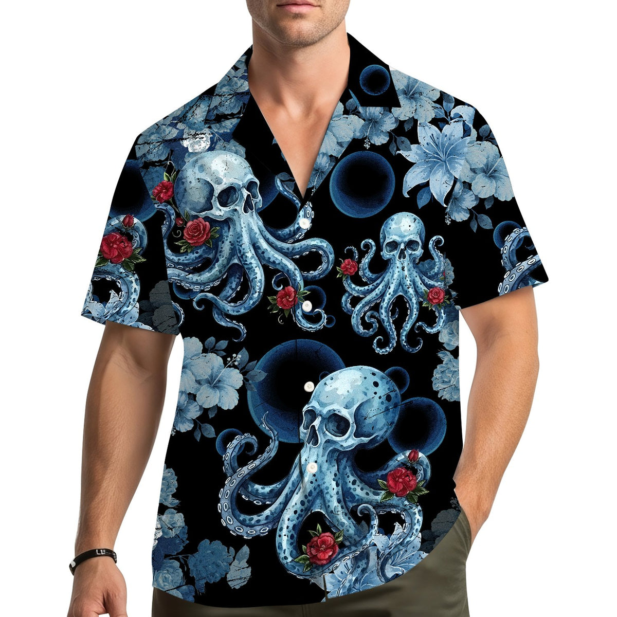 Lifestyle view of people wearing matching family hawaiian shirts in skull octopus floral design