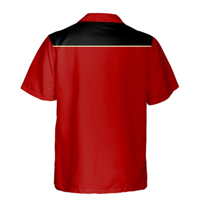Detailed back view of the red and black hawaiian shirt.