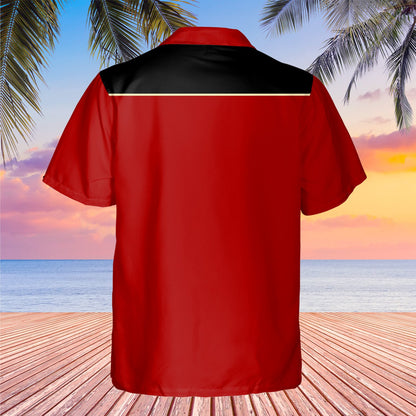 Back view of the matching family hawaiian shirt showing the black yoke panel.
