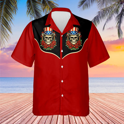Detailed front view of the gold outlined black yoke on the red hawaiian shirt.