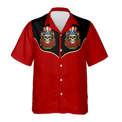 Red skull hawaiian shirt featuring an Uncle Sam hat and roses on a black and red background, main view.