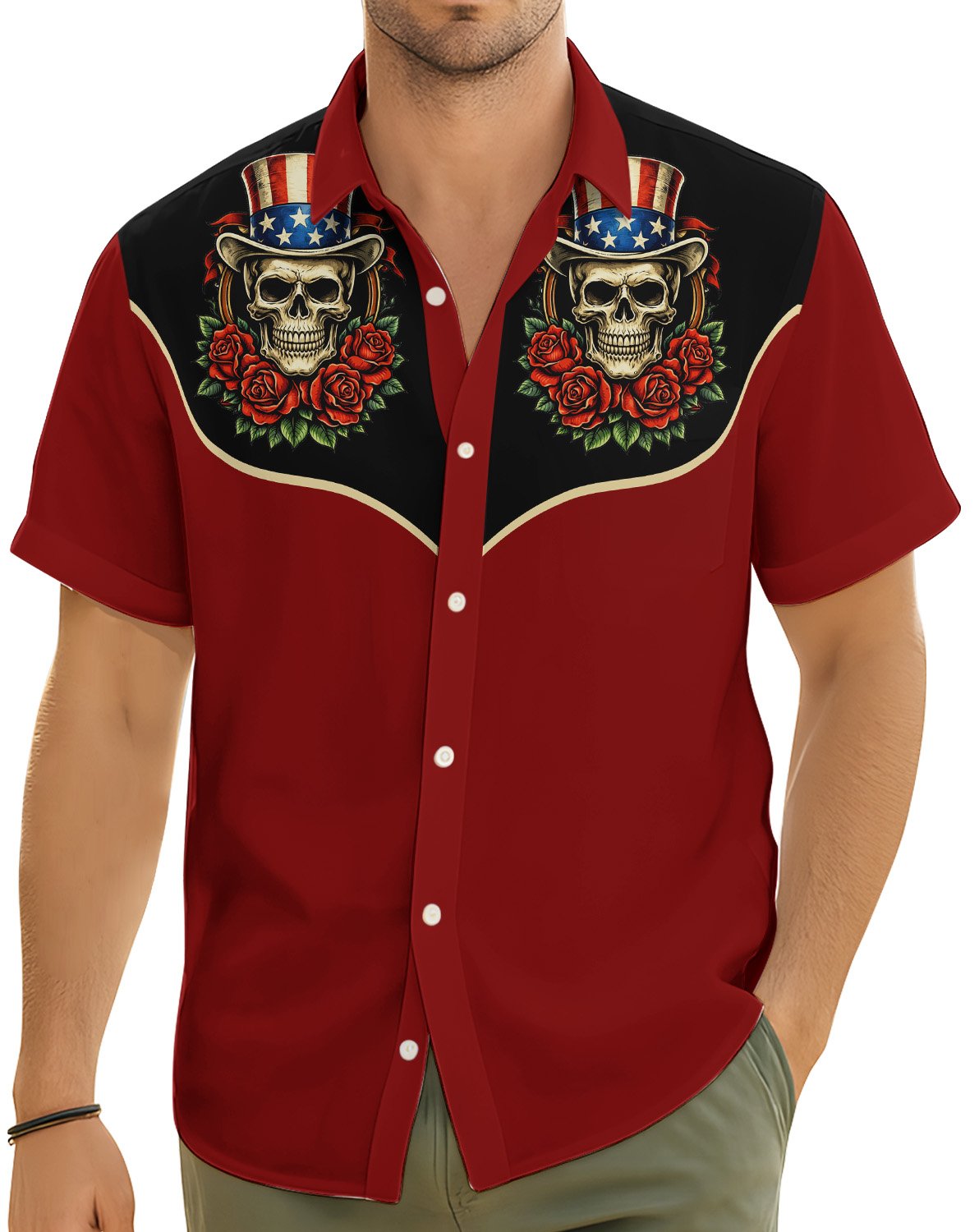Lifestyle view of an adult wearing the fourth of july hawaiian shirt.
