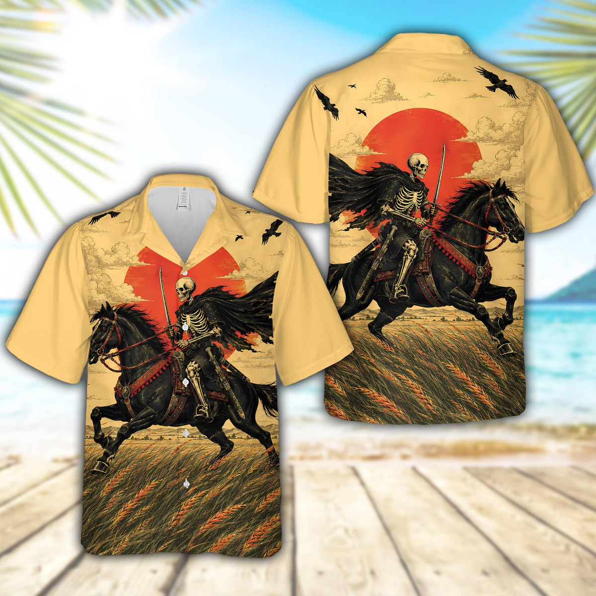 A yellow skull/samurai hawaiian shirt featuring a skeleton samurai on a black horse, front view.