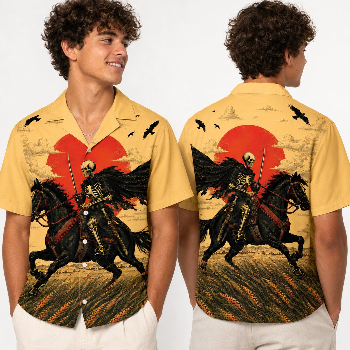Lifestyle image of someone wearing the matching family hawaiian shirts with skeleton samurai design.