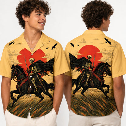 Lifestyle image of someone wearing the matching family hawaiian shirts with skeleton samurai design.