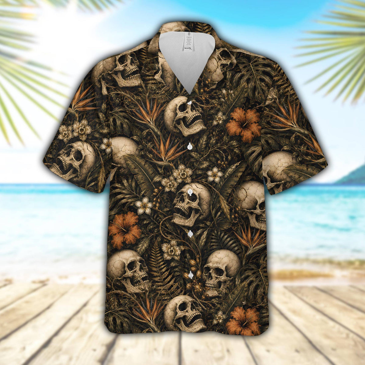 Mens skull hawaiian shirt featuring a dark jungle pattern and realistic human skulls, front view