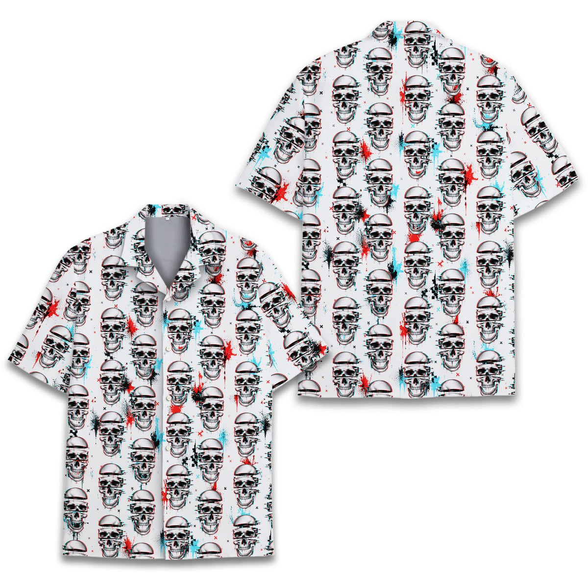 Final back view showing the full abstract skull and splatter pattern on the hawaiian shirt