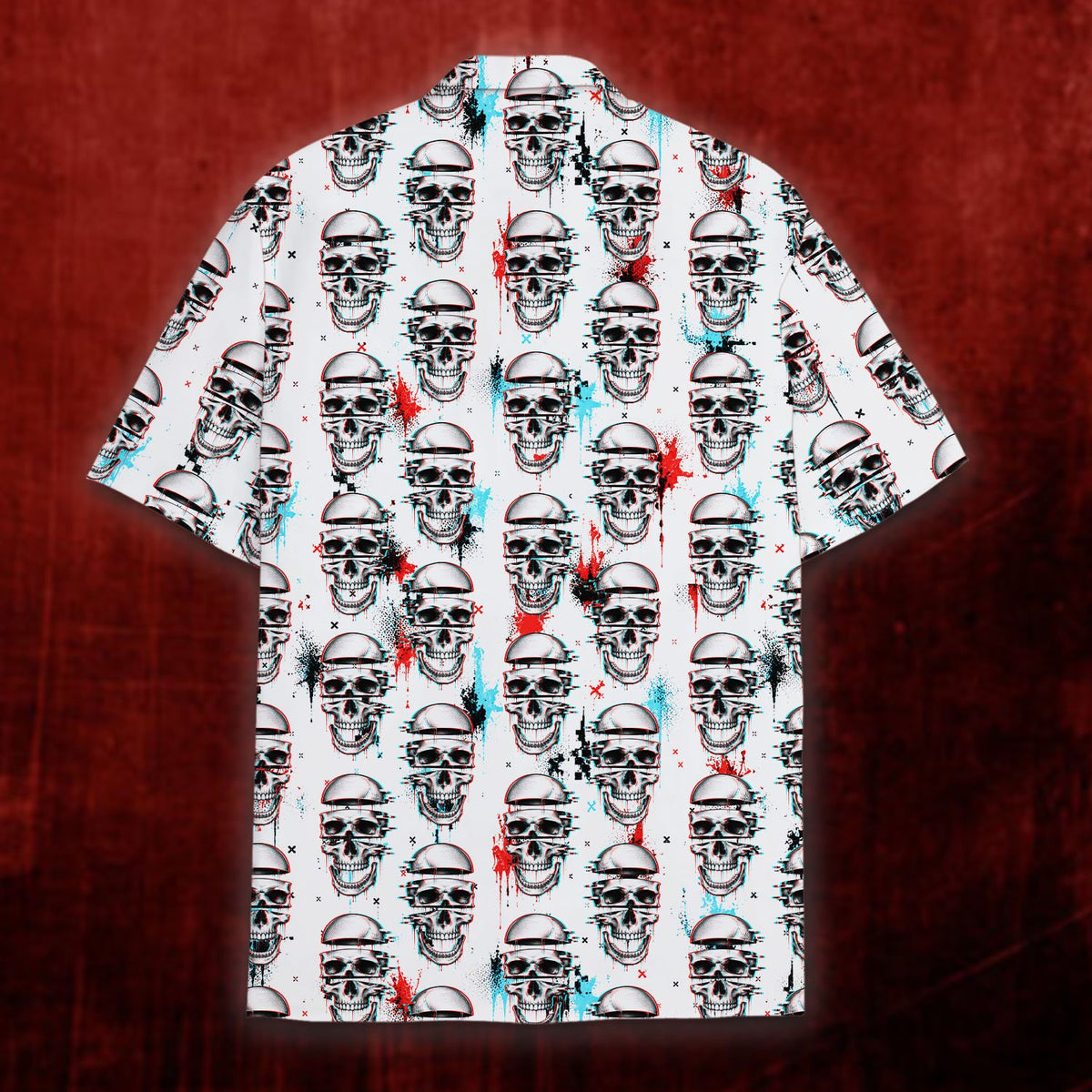 Back view of the white polyester hawaiian shirt highlighting the skull repeating pattern