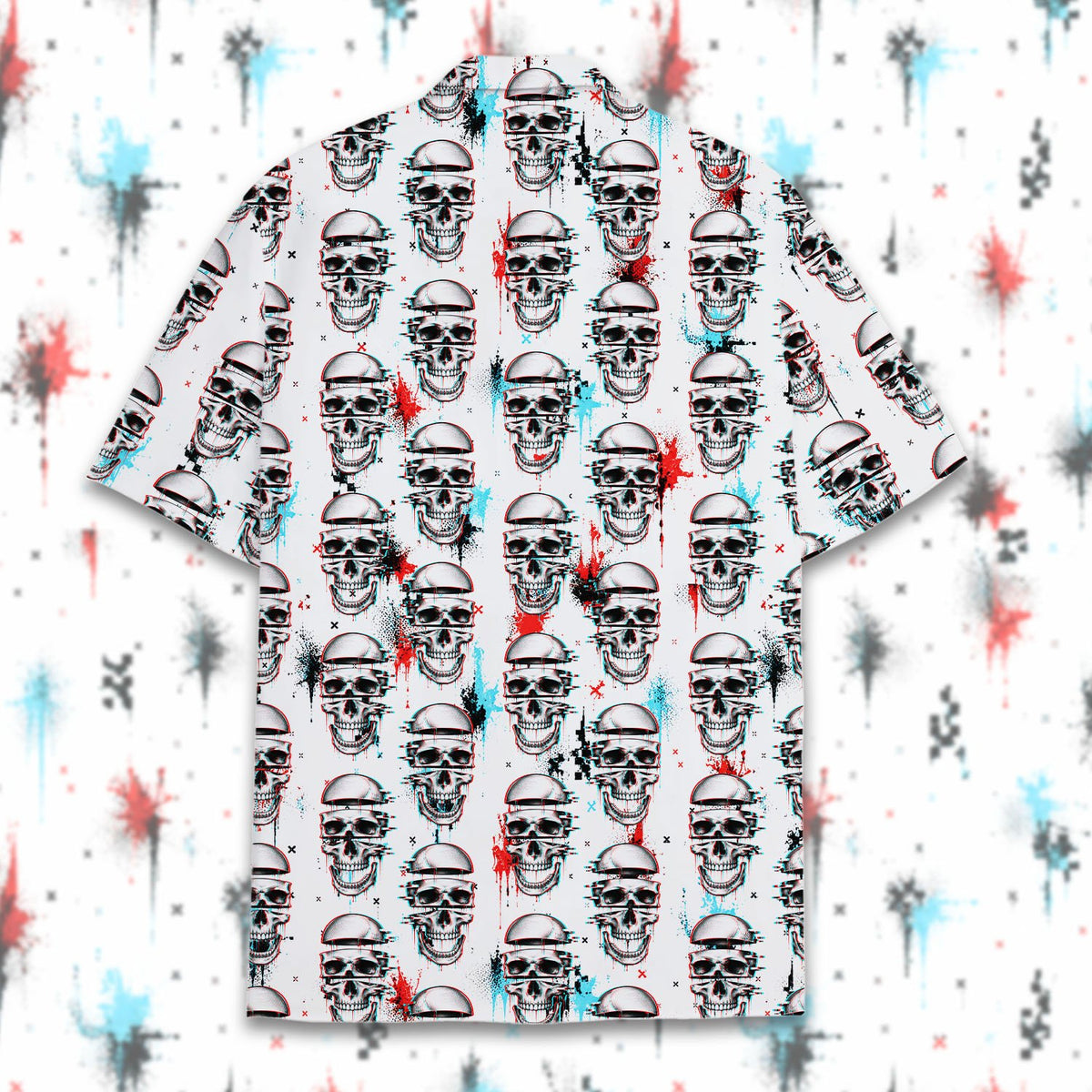 Front detail view highlighting the abstract glitch effect on the adult skull hawaiian shirt