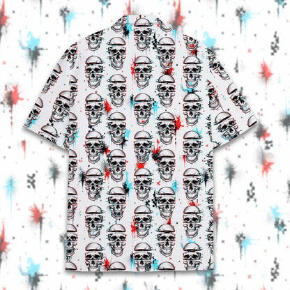 Front detail view highlighting the abstract glitch effect on the adult skull hawaiian shirt