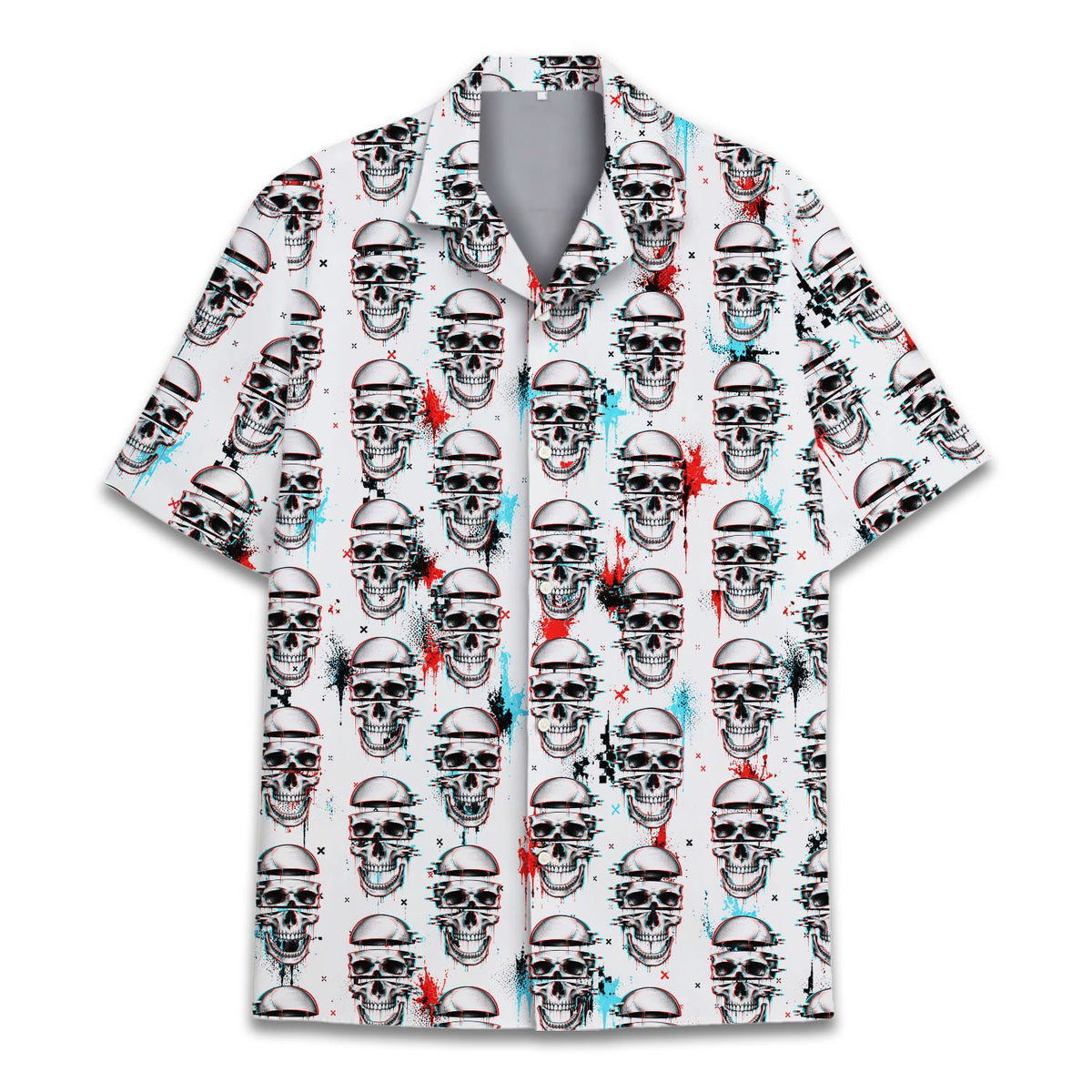 Back view of the hawaiian shirt with skull flowers and vibrant paint splatter design