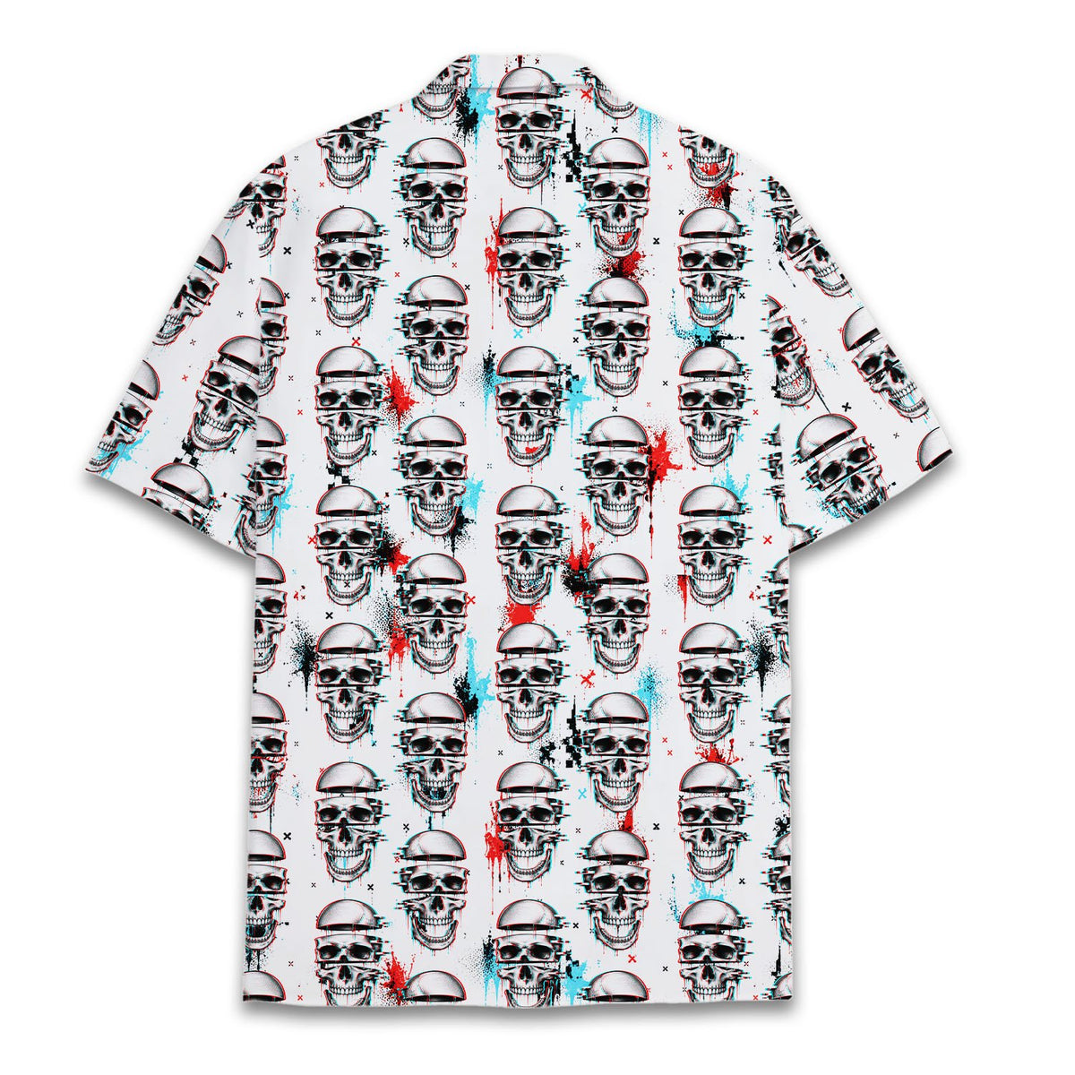 Main view of the hawaiian shirt with skull flowers and glitch splatters against a white background