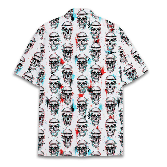 Main view of the hawaiian shirt with skull flowers and glitch splatters against a white background
