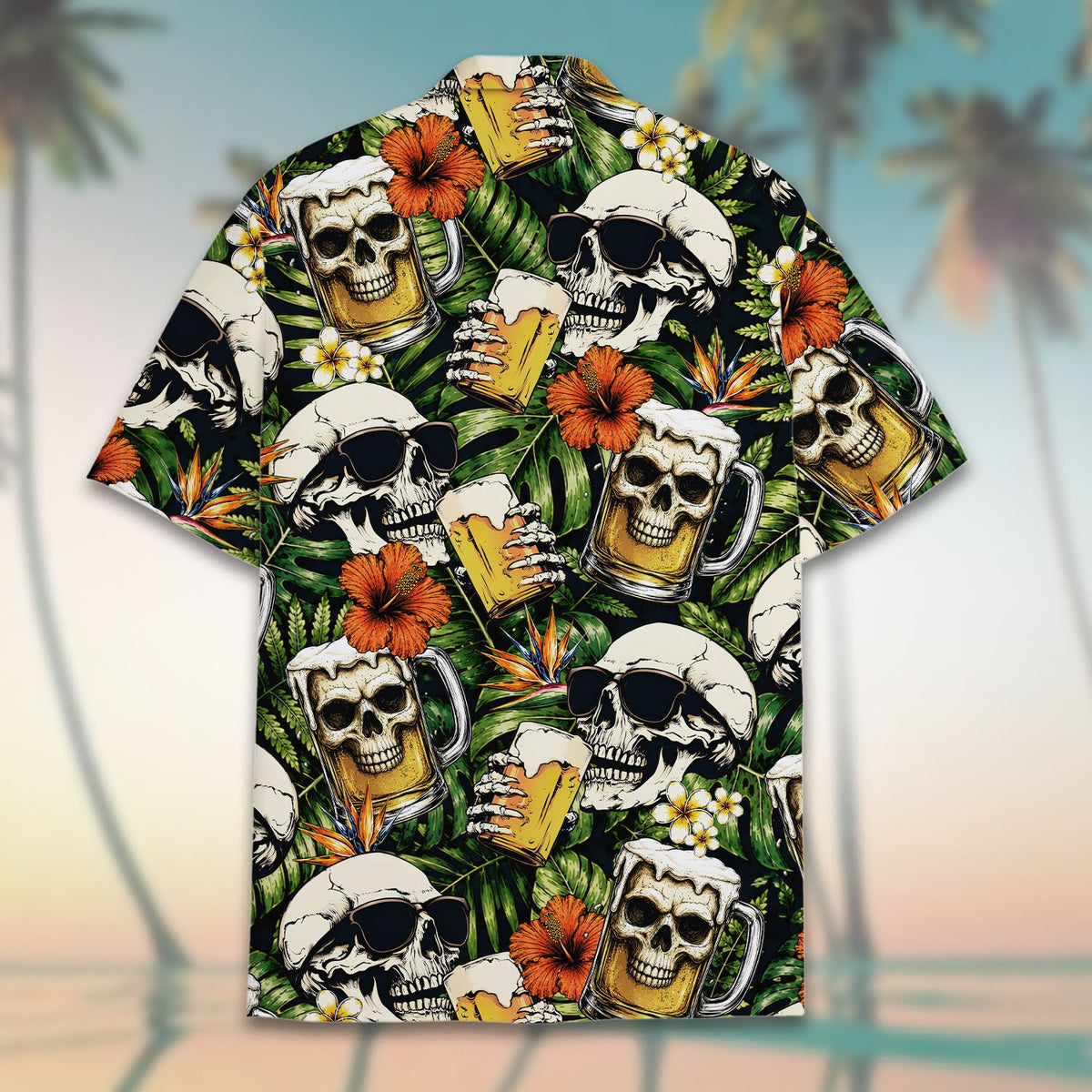 Alternative back view of tropical skulls hawaiian shirt