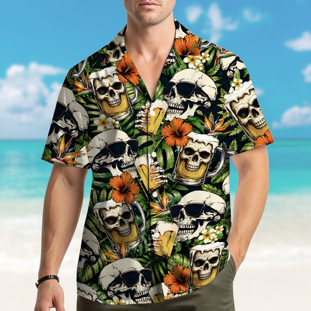 Close up front detail of skulls and beer hawaiian shirt