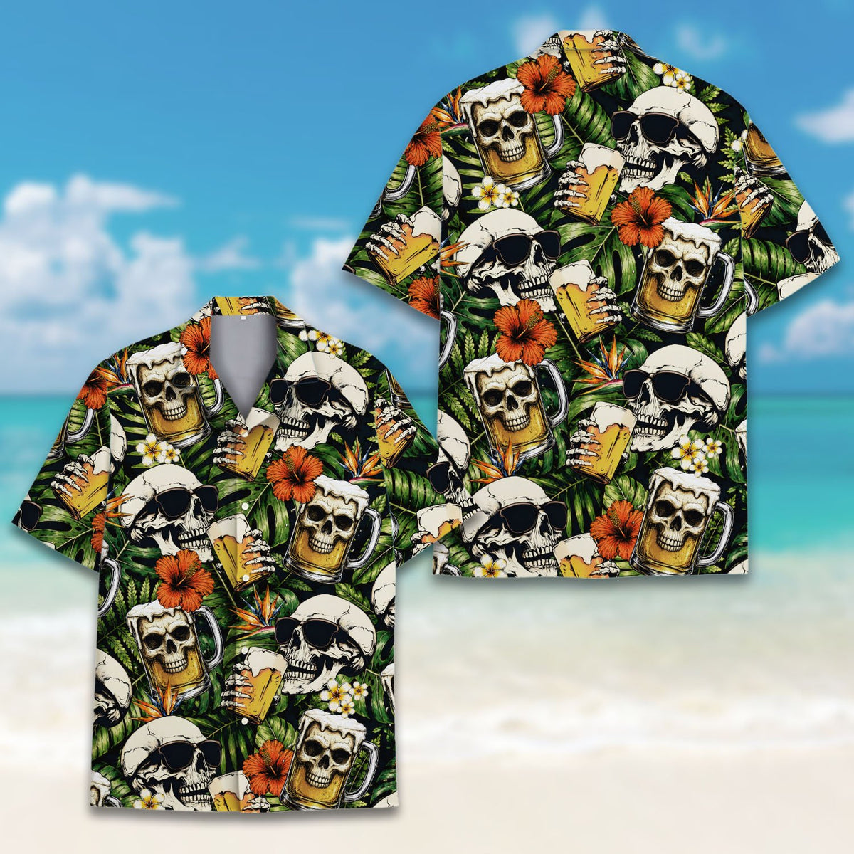 Lifestyle front view of black skulls hawaiian shirt