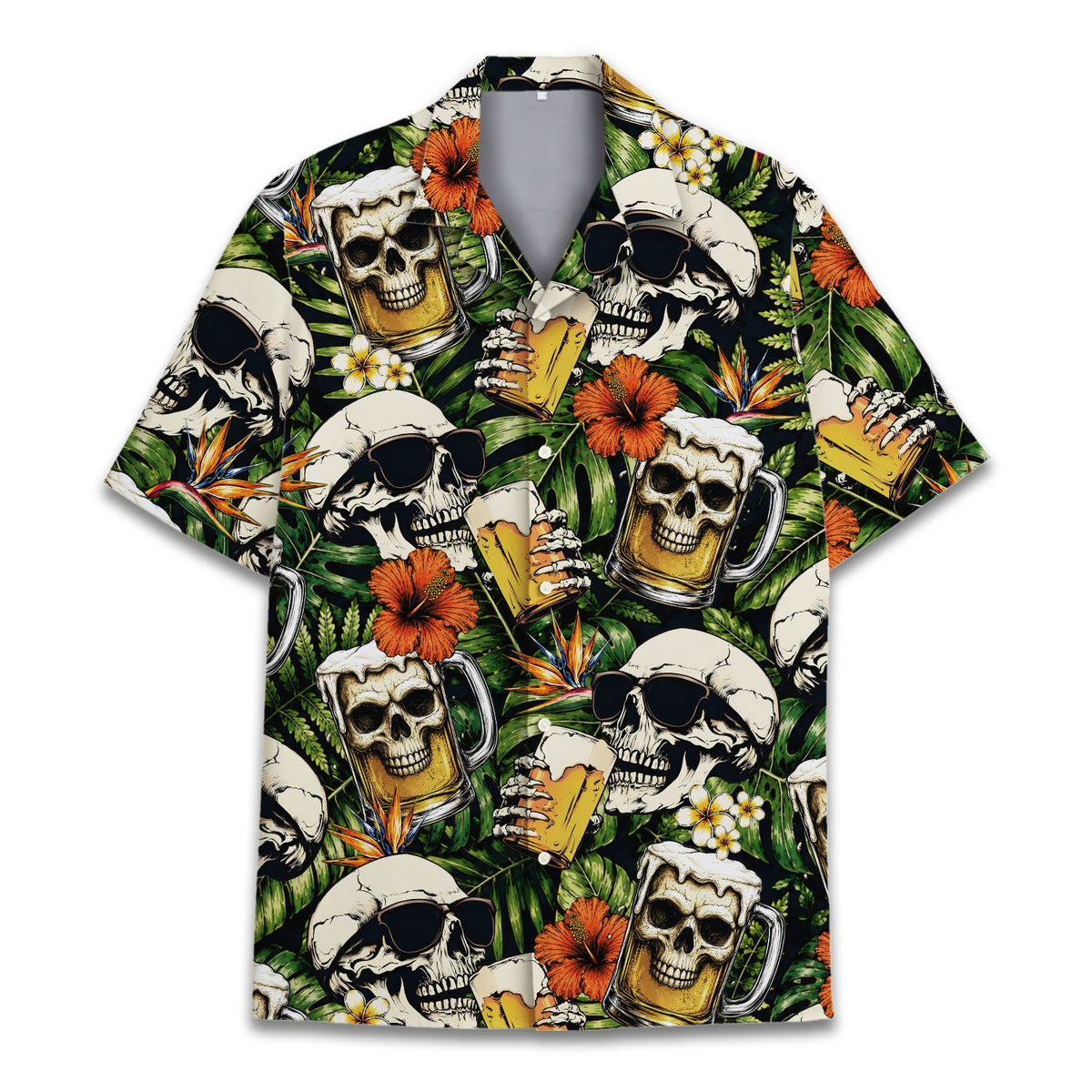 Detail front view of skulls hawaiian shirt