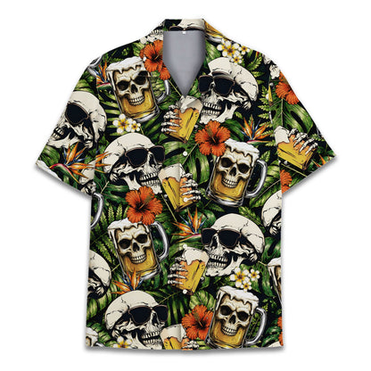 Detail front view of skulls hawaiian shirt