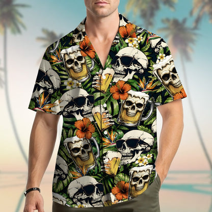 Front view of matching family hawaiian shirts with skulls design