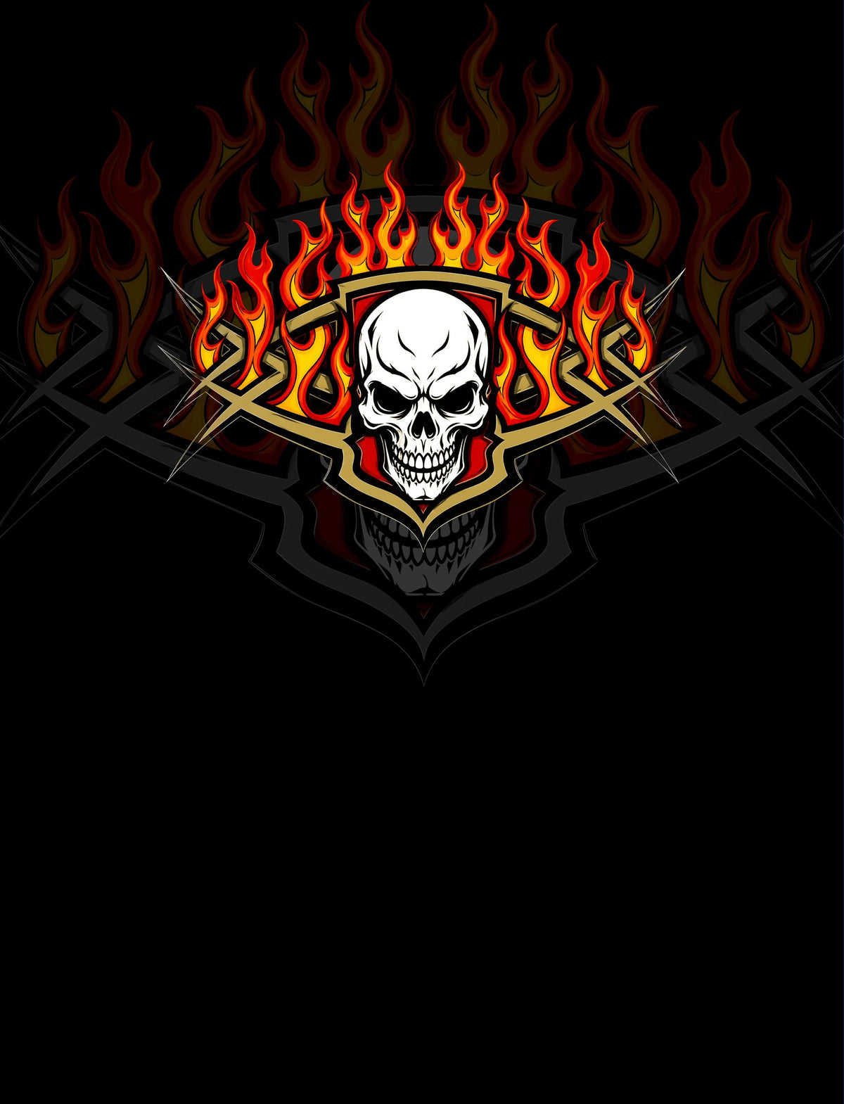Back view of the matching family Hawaiian shirt with fire and skull motif