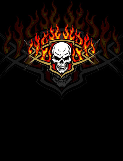 Back view of the matching family Hawaiian shirt with fire and skull motif
