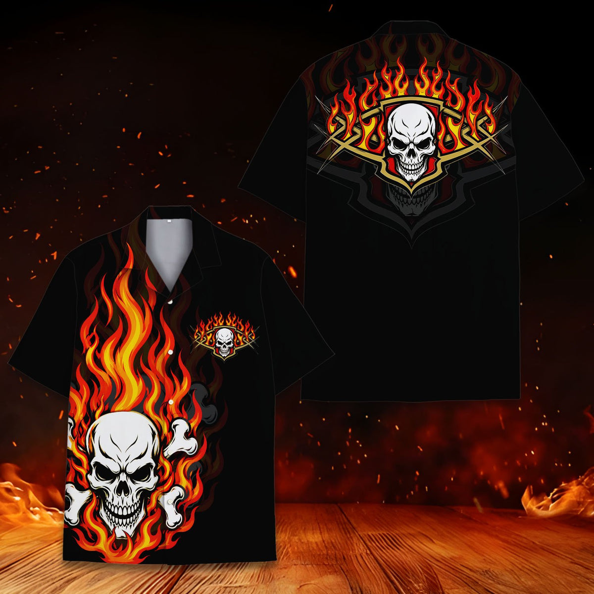 Close up front view of the black skulls Hawaiian shirt