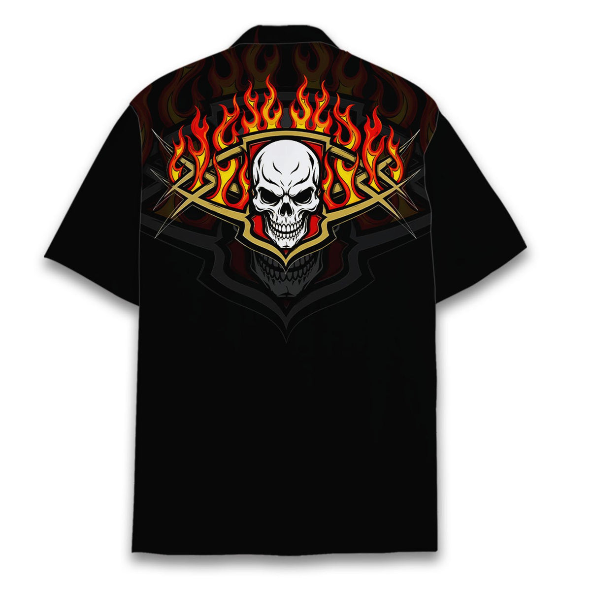 Front view of the fiery skeleton tropical shirt for adults