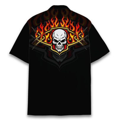 Main view of the black skulls Hawaiian shirt featuring a fiery skeleton design