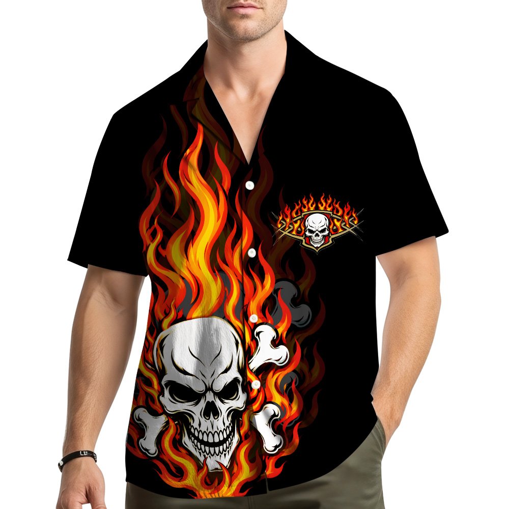 Lifestyle view of someone wearing the black skulls Hawaiian shirt