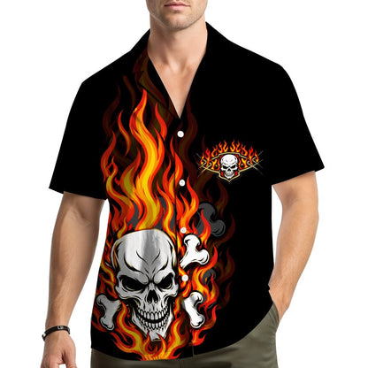 Lifestyle view of someone wearing the black skulls Hawaiian shirt