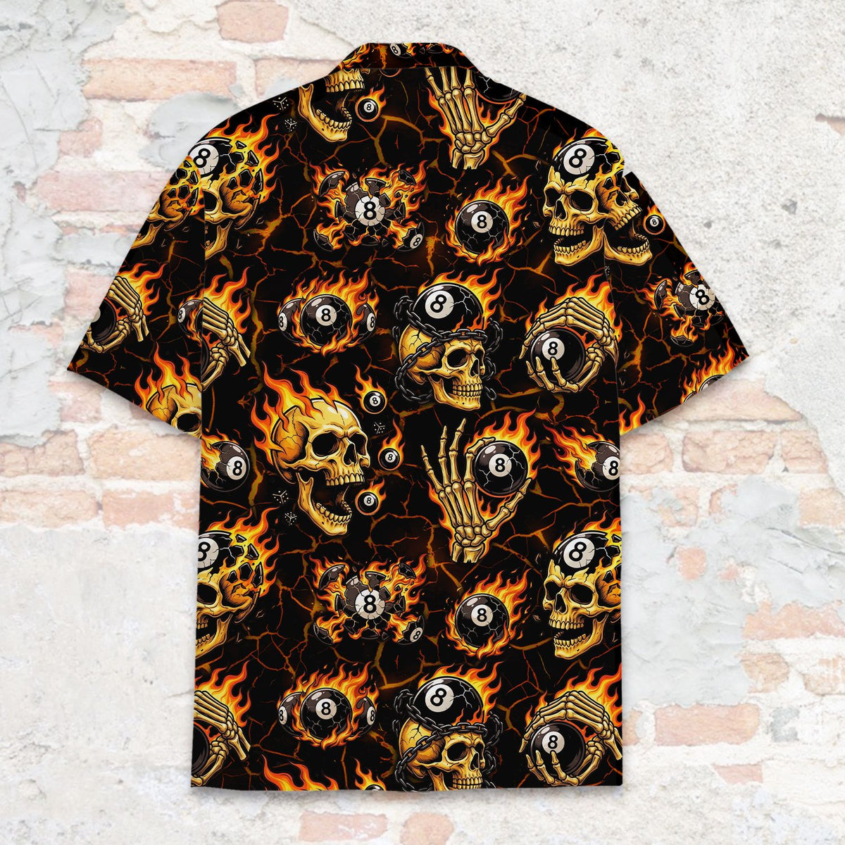 Detailed back view of the skeleton hands and fire motif