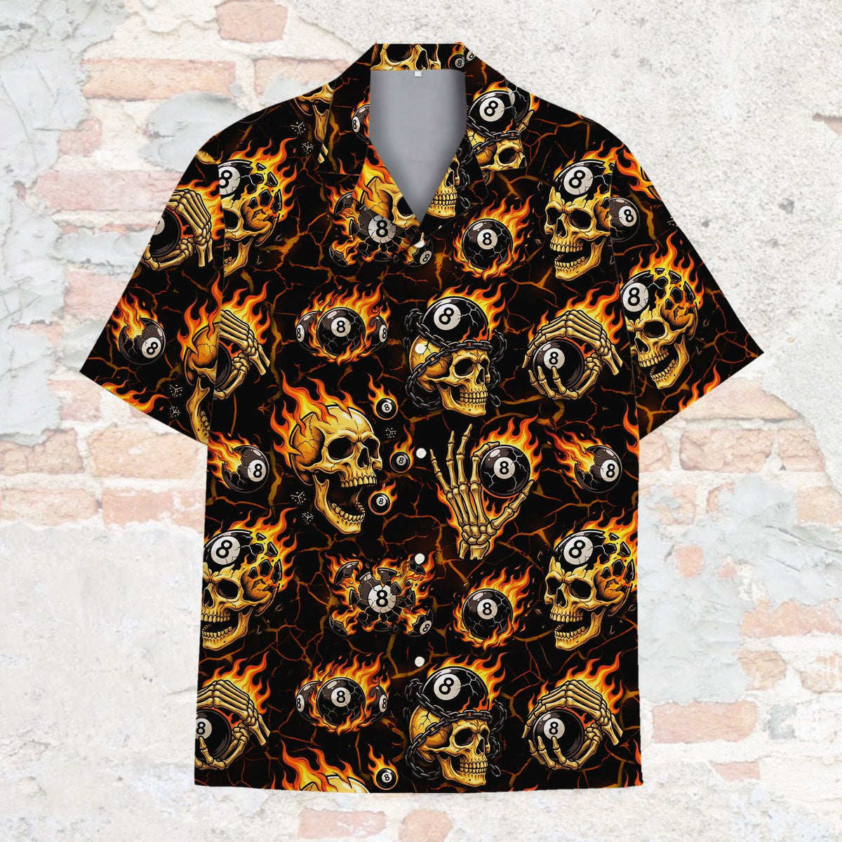 Front view of the black skulls hawaiian shirt with bright orange accents