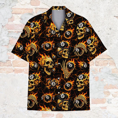 Front view of the black skulls hawaiian shirt with bright orange accents