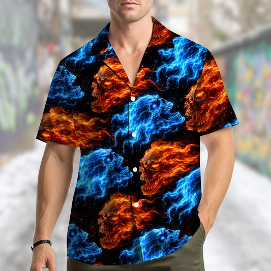 Matching family hawaiian shirts featuring black skulls and vibrant orange and blue details, main view