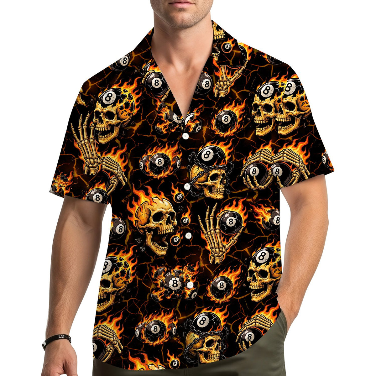 Lifestyle view of someone wearing the black skulls hawaiian shirt outdoors