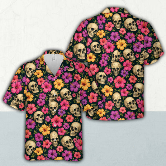 Front view of black skulls and floral hawaiian shirt