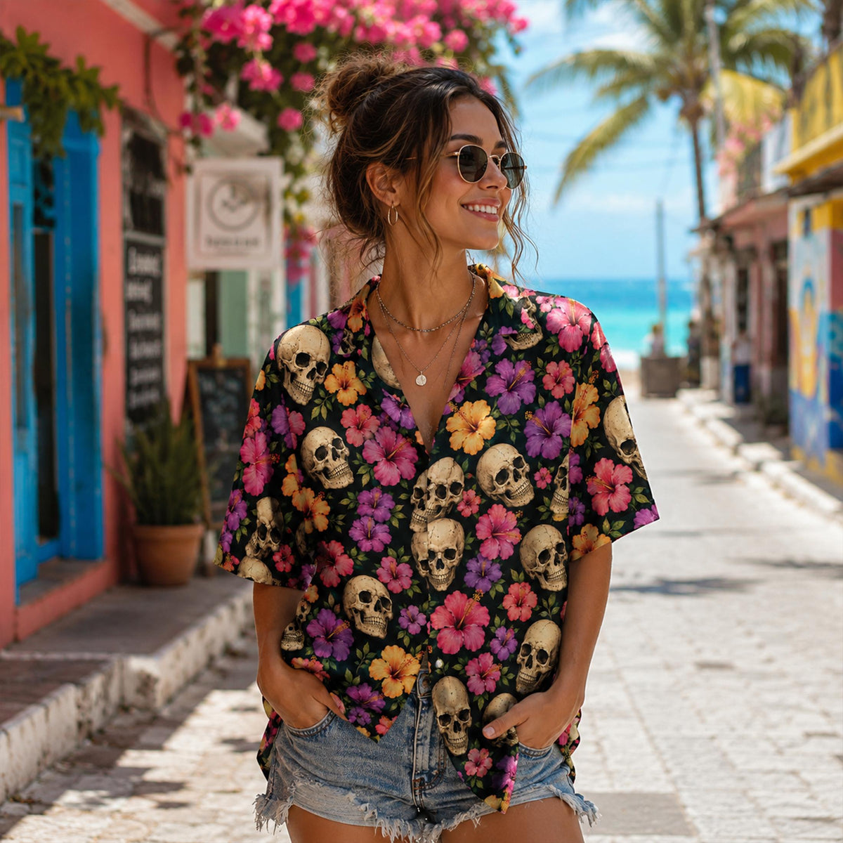 Lifestyle view of matching family hawaiian shirts with skulls and bright floral pattern