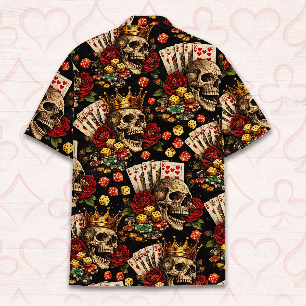 Detailed back view showcasing crowned skulls and roses on the hawaiian shirt