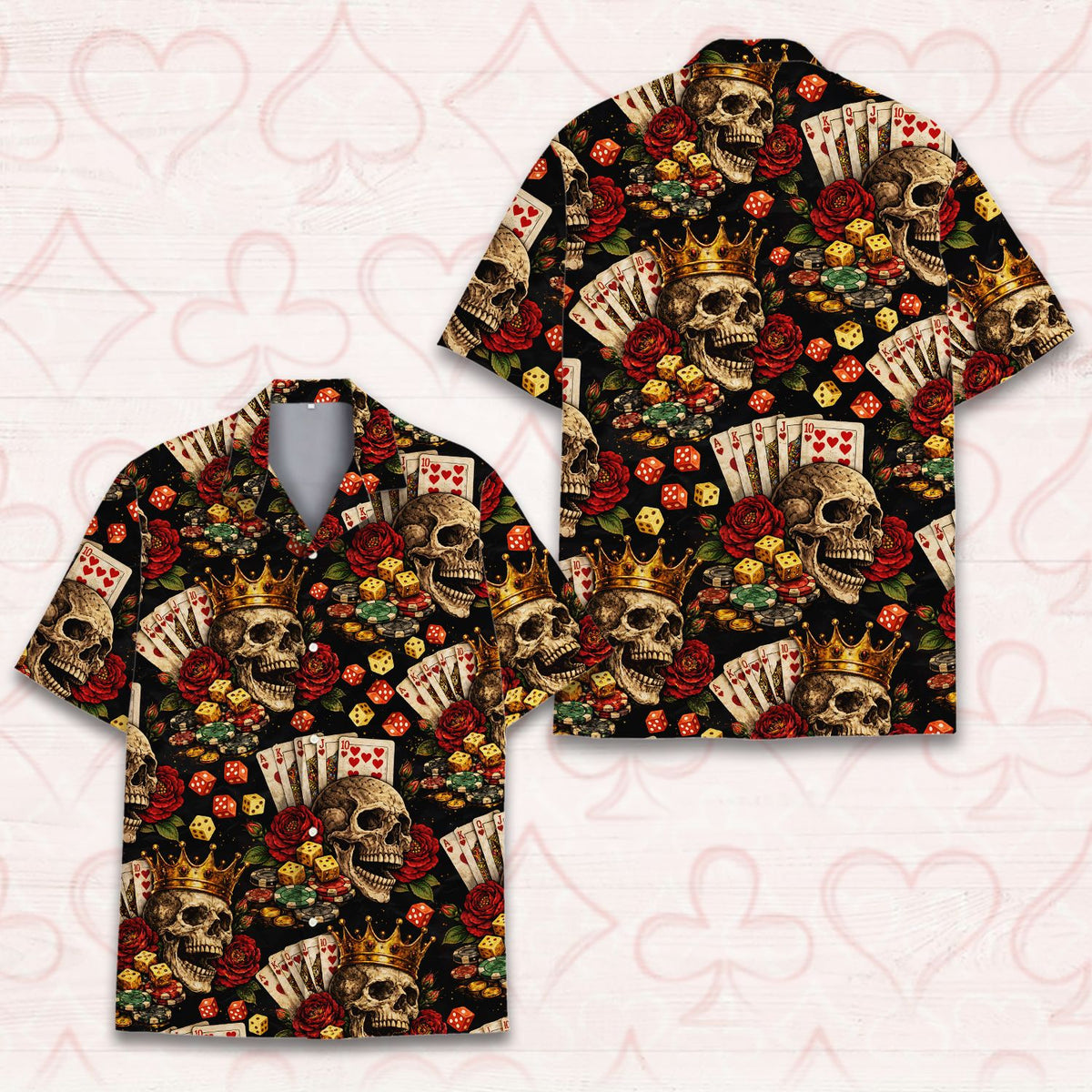 Detailed front view of the skulls and casino print hawaiian shirt