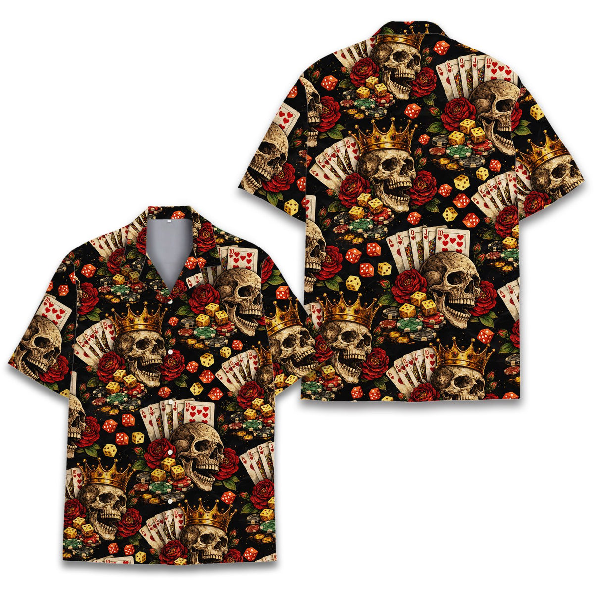 Black skulls and gambling hawaiian shirt featuring cards and dice, main view