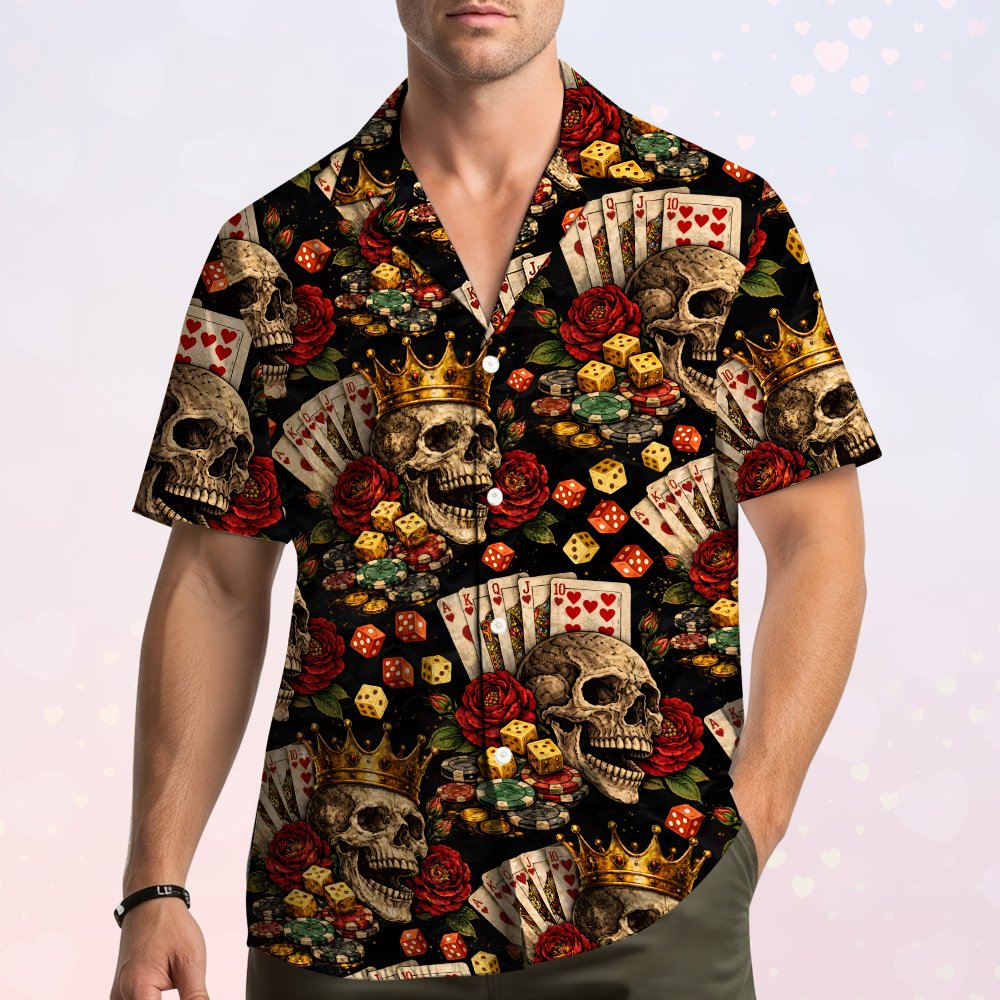 Another lifestyle view of the skulls and gambling hawaiian shirt in black