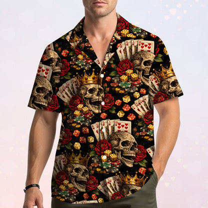 Another lifestyle view of the skulls and gambling hawaiian shirt in black
