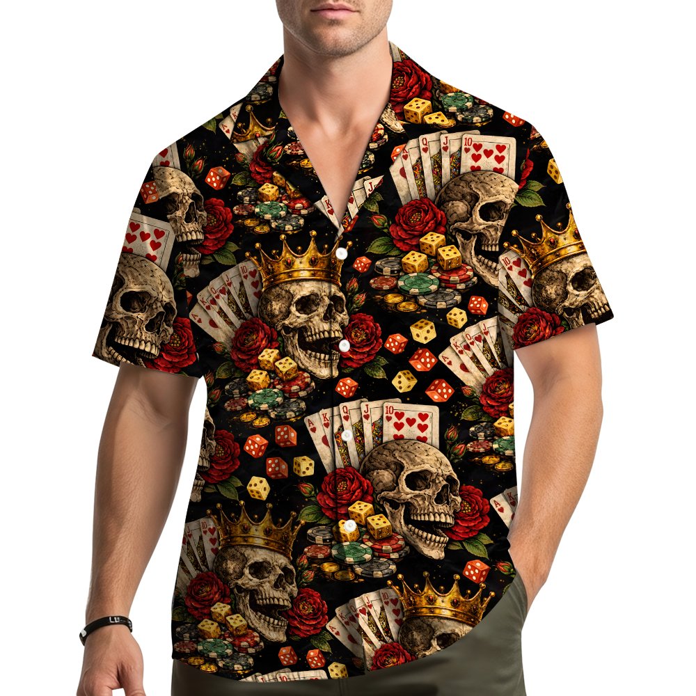 Lifestyle shot of an adult wearing the black skulls and gambling hawaiian shirt